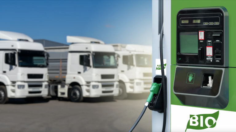 A fuel gas pump and several trucks are visible under a clear sky. The scene shows the trucks refueling, with the sky providing a bright and unobstructed backdrop