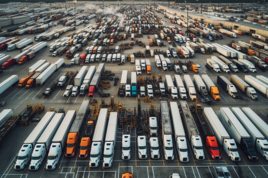 Overcrowded and disorganized fleet yard with scattered trucks, trailers, and equipment, highlighting the chaos and lack of visibility in large-scale fleet operations.