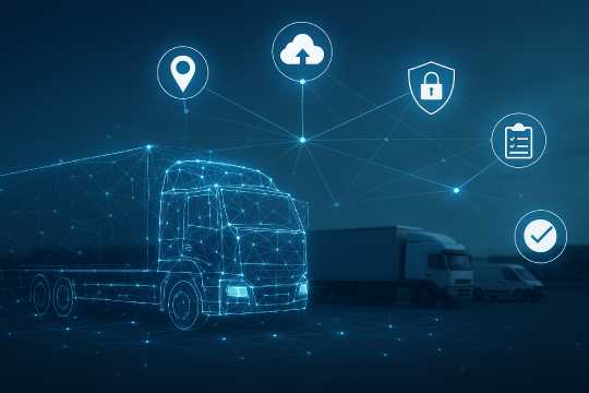 A futuristic digital illustration of fleet management technology, featuring a glowing blue wireframe truck connected to a network of GPS, cloud computing, security, and package tracking icons, symbolizing real-time vehicle monitoring and smart logistics.