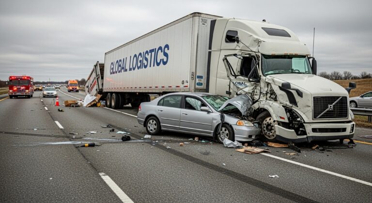 Semi-truck and sedan collision on highway with emergency responders at scene