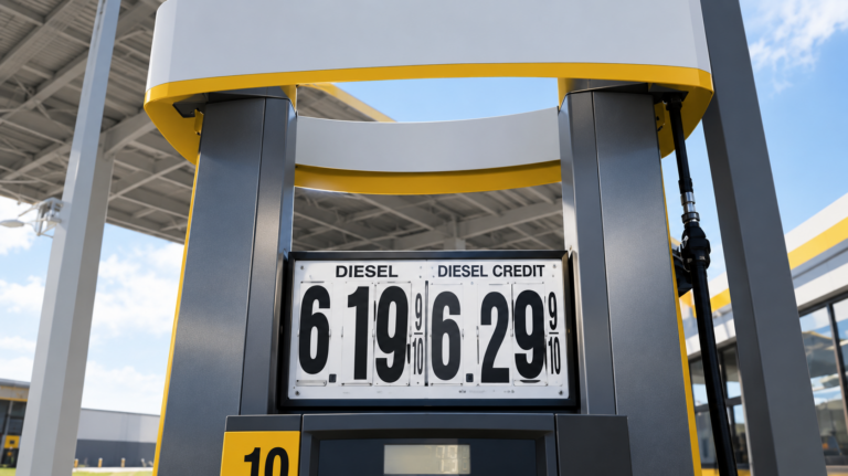 Diesel fuel pump displaying $6.19 and $6.29 per gallon